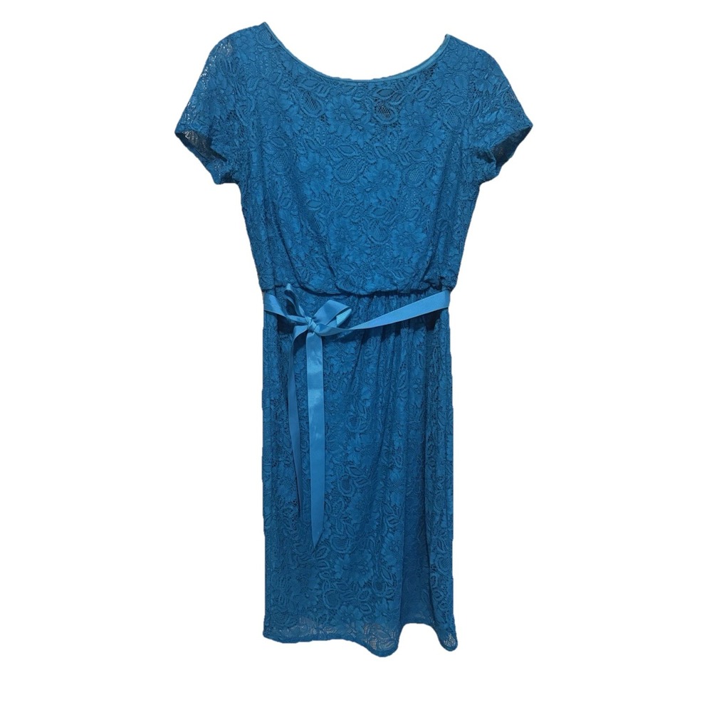Adrianna Papell Blue Lace Sheath Dress Short Sleeve Belted Size 5.5 EU 36
